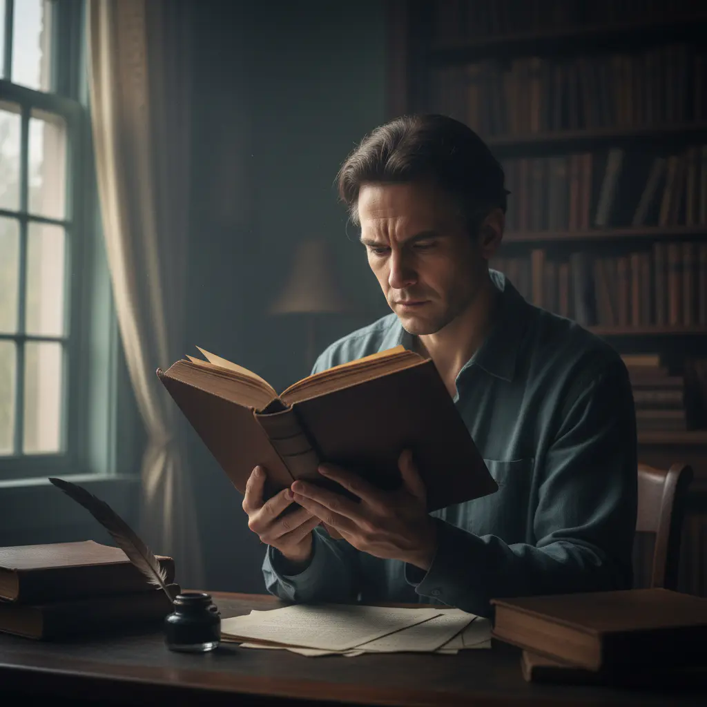 Person deeply focused on reading a physical book by natural light