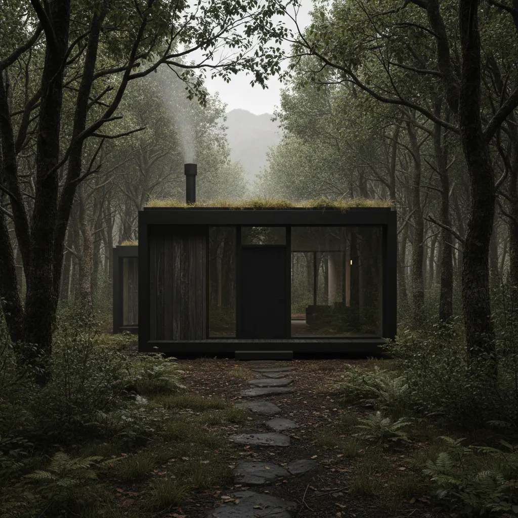 Dark minimalist off-grid cabin retreat