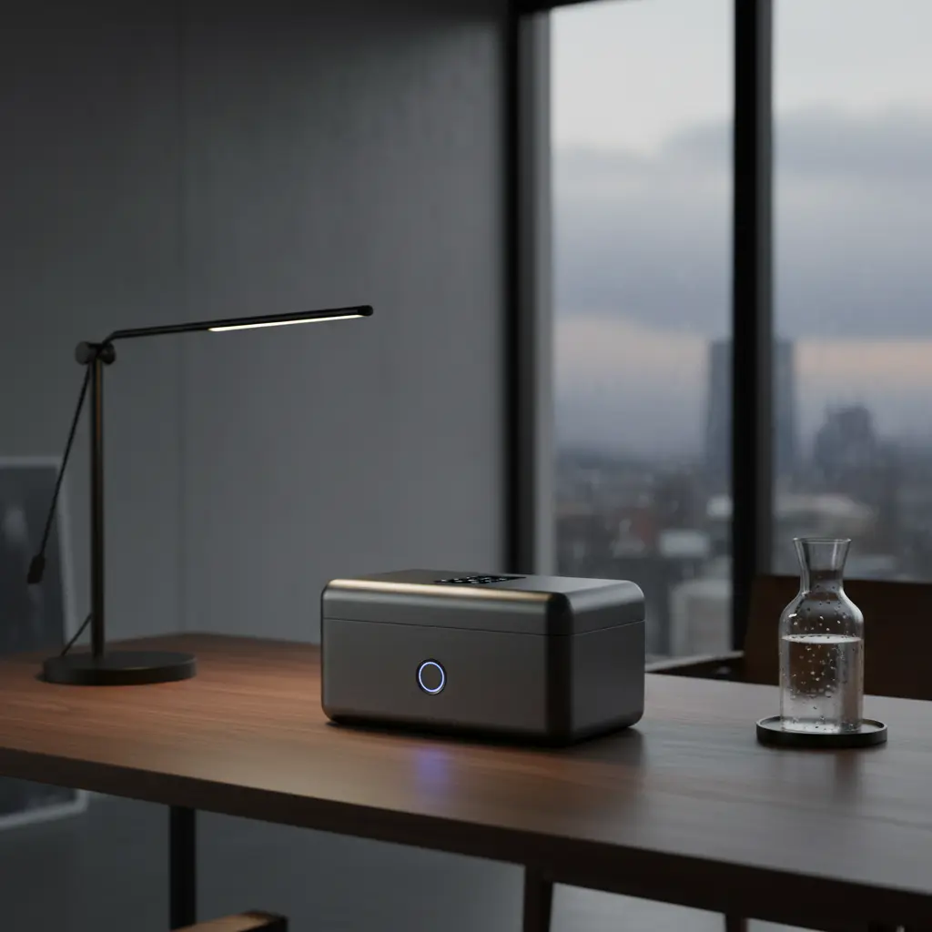 Premium dark aluminum phone lockbox sitting on a minimalist desk