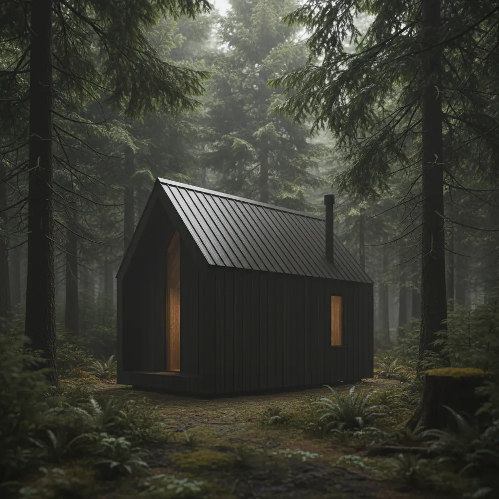 Off-grid minimalist dark wood cabin situated in a dense forest