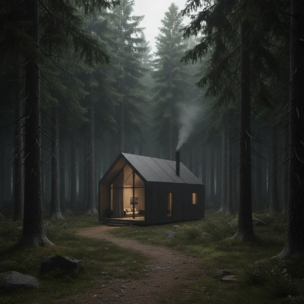 Off-grid minimalist cabin surrounded by dark pine forest