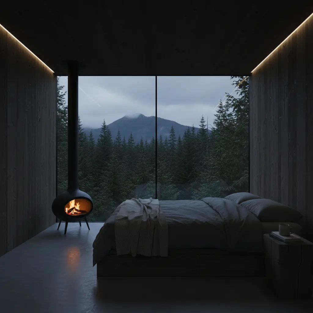 Minimalist interior of an off-grid cabin looking out at nature